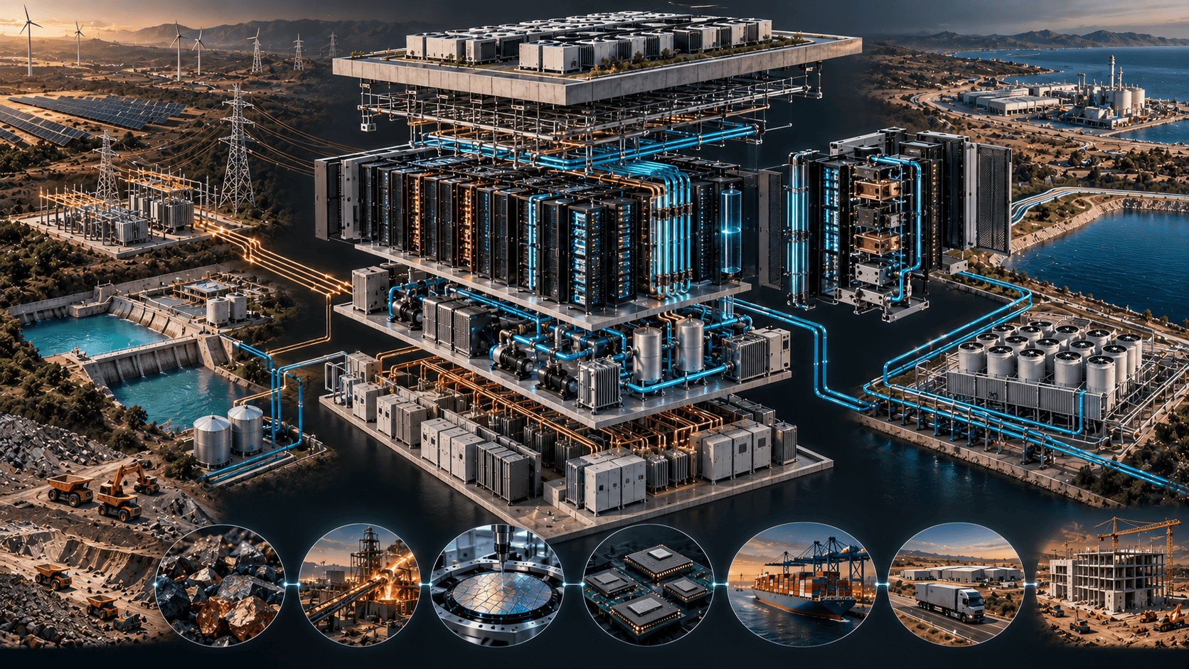 Exploded technical model of an AI data center showing servers, liquid cooling, electrical systems, and surrounding supply chain infrastructure.