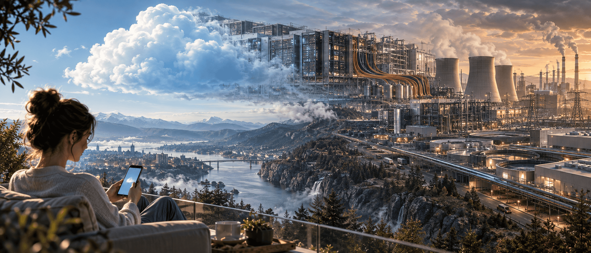 Digital cloud dissolving into data centers, power plants, pipelines, and industrial infrastructure.