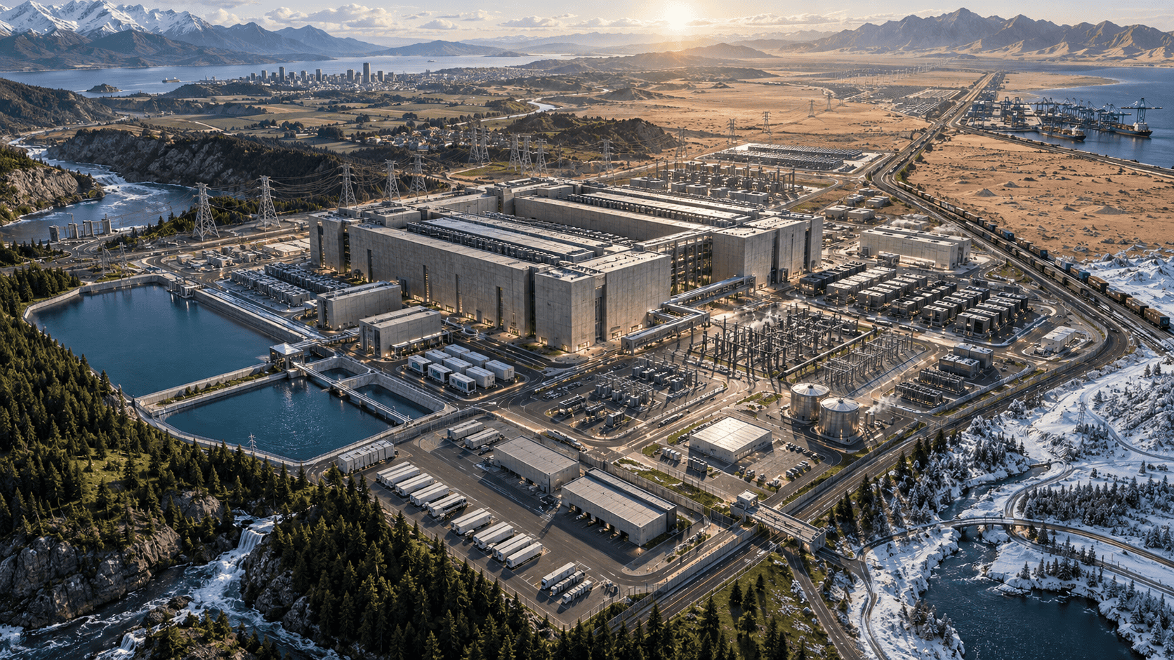 Large AI data center surrounded by water basins, power grids, logistics, port infrastructure, and contrasting landscapes.