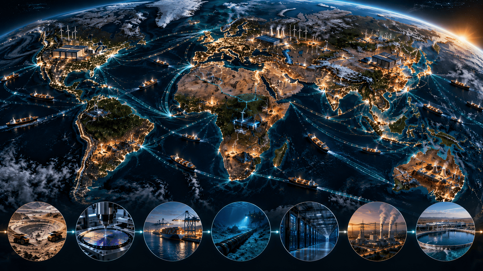 Night view of Earth with global routes linking ports, data centers, factories, mining regions, and infrastructure.