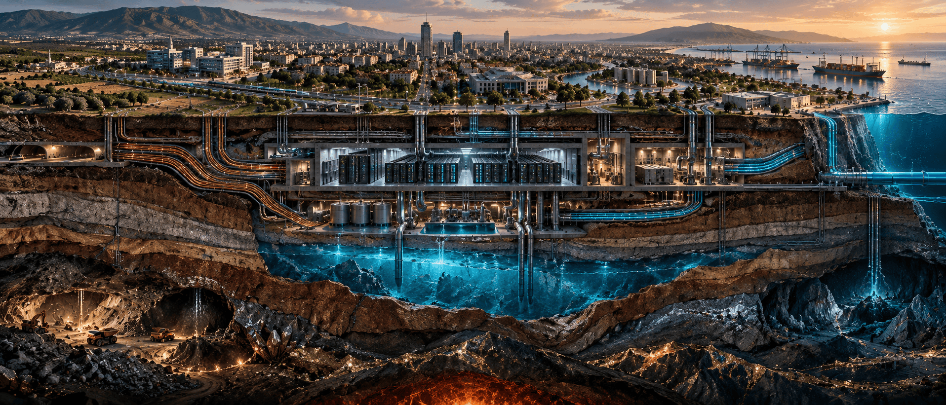Cross-section of a modern city above underground data centers, cables, pipelines, groundwater, and geological layers.