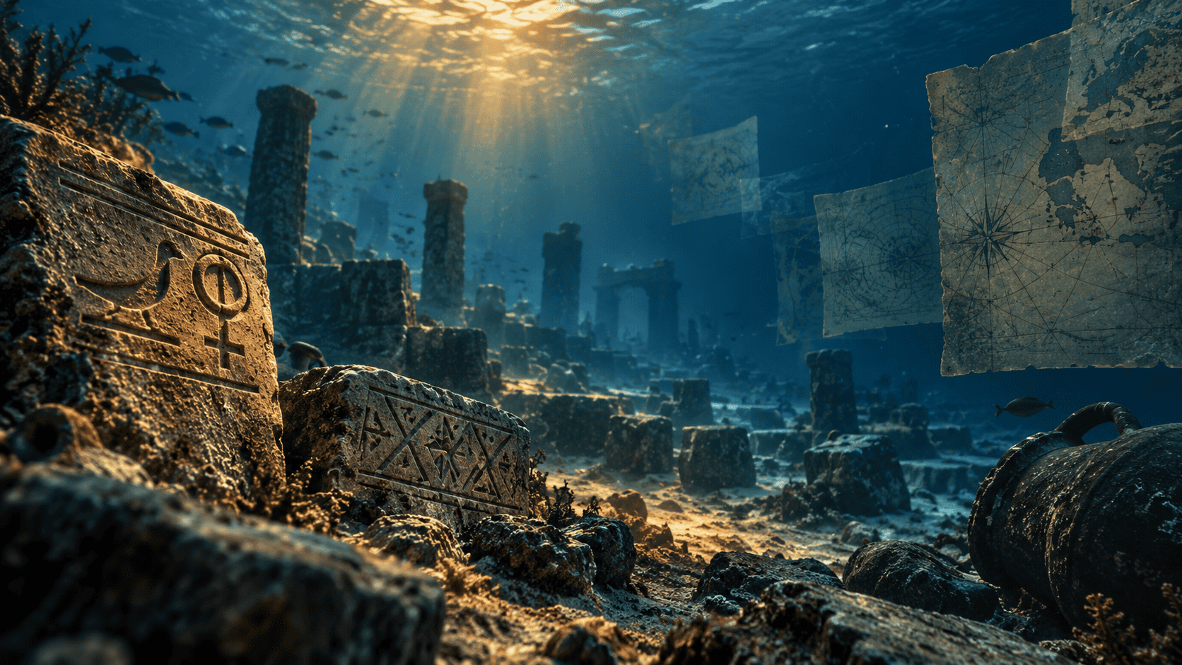 Underwater archive of North African memory with Punic stone, Amazigh patterns and navigational charts