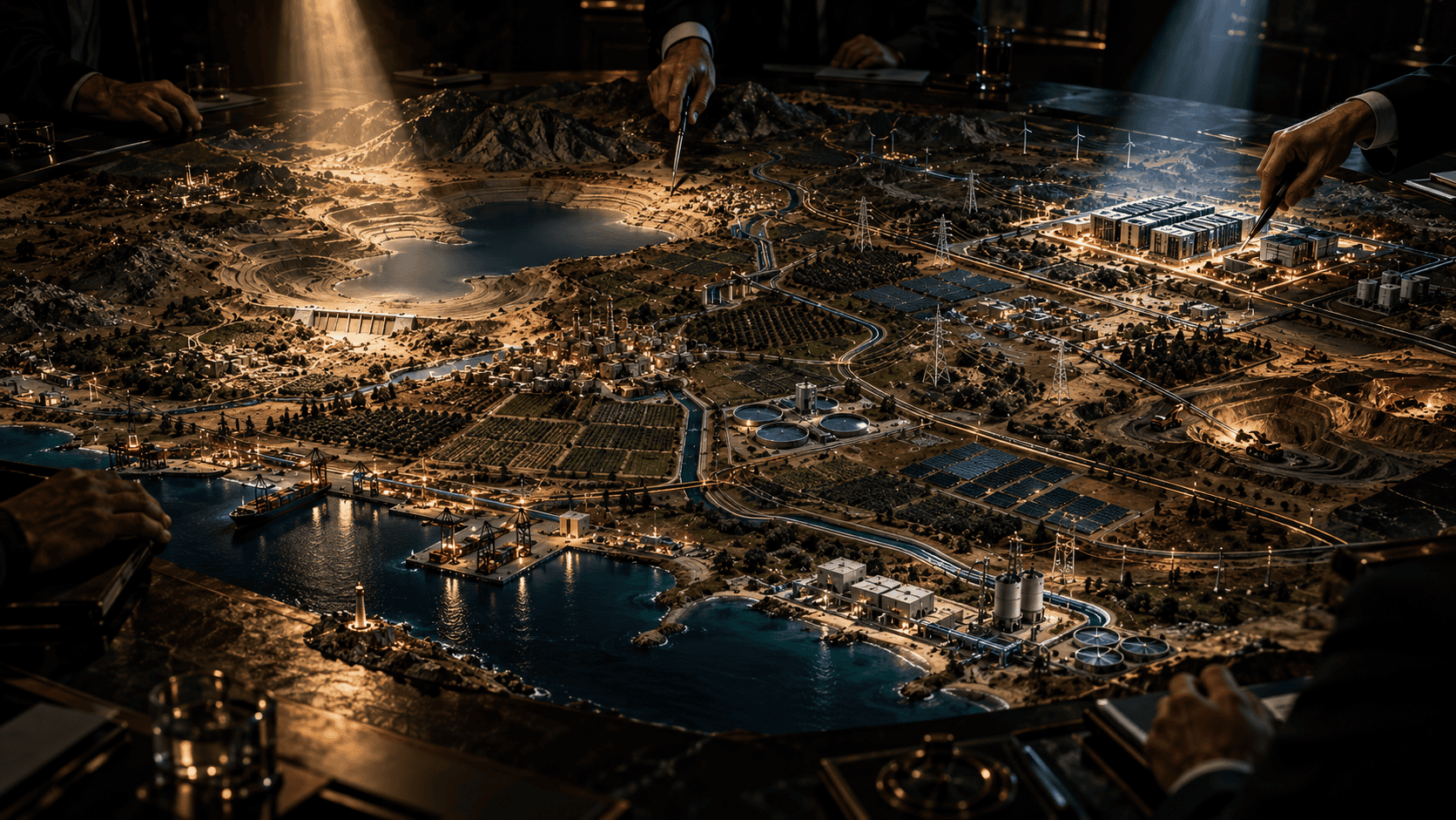 Hands around an illuminated regional model showing a reservoir, farmland, power grid, port, industry, and data centers.