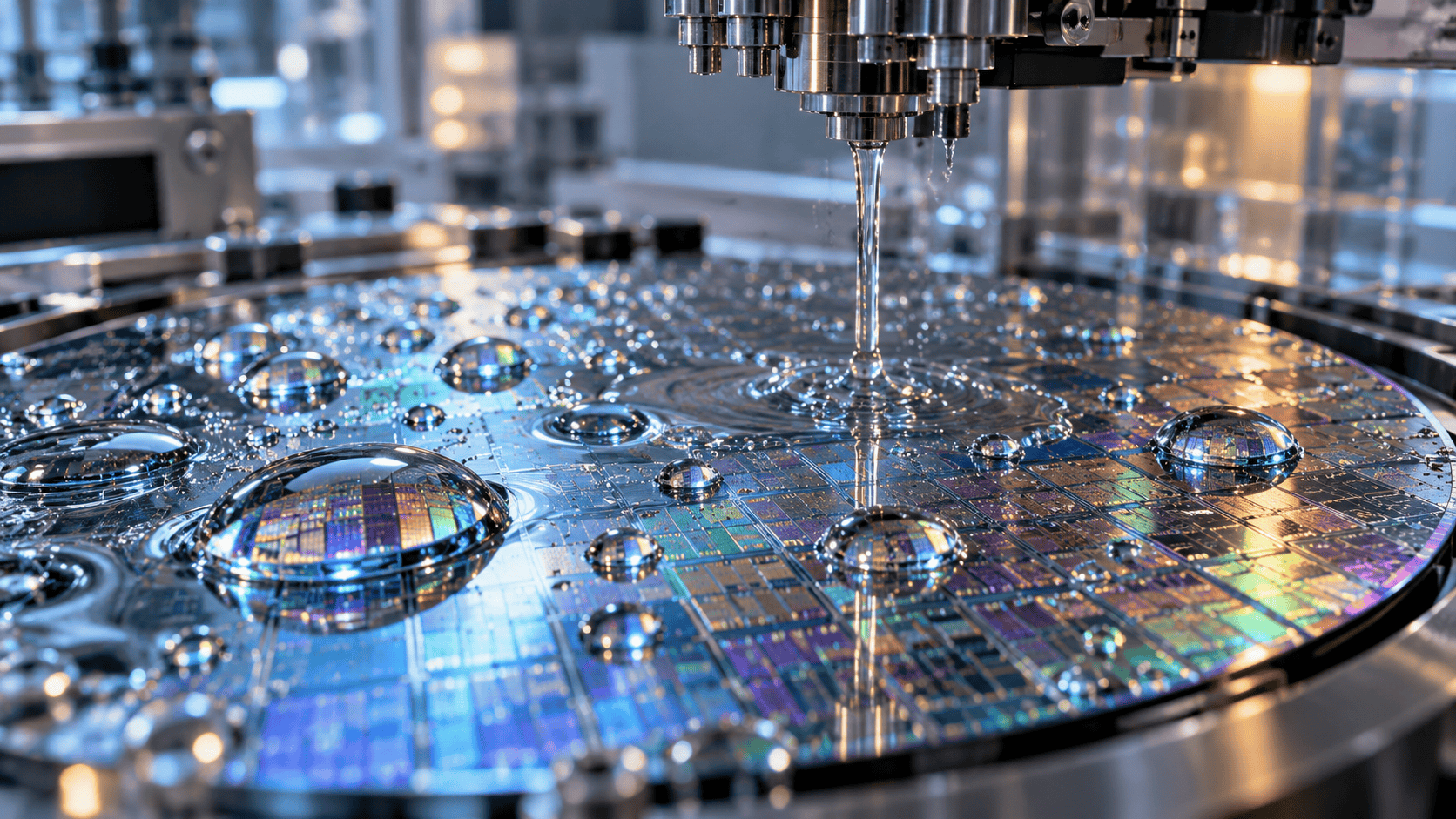 Semiconductor wafer covered with water droplets under precision equipment used in chip fabrication.