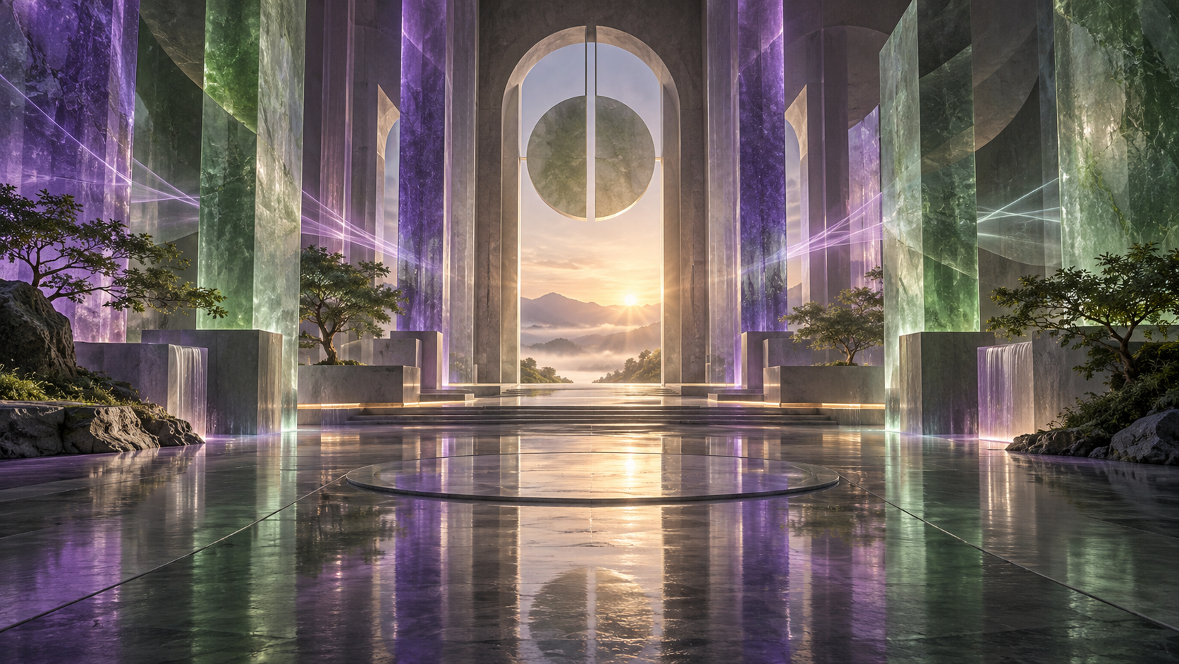 Monumental recovery chamber with violet and green light and an open threshold toward dawn