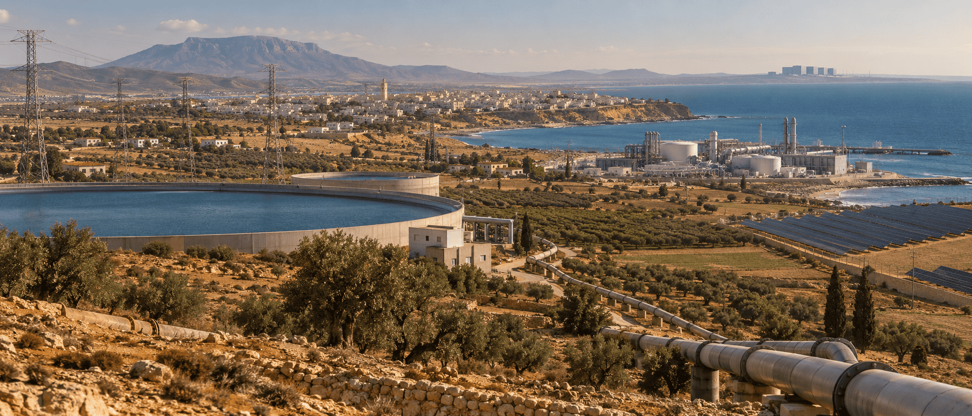 Conceptual Tunisian coastal landscape with reservoirs, pipelines, farmland, solar fields, electrical grid, and industrial facilities.
