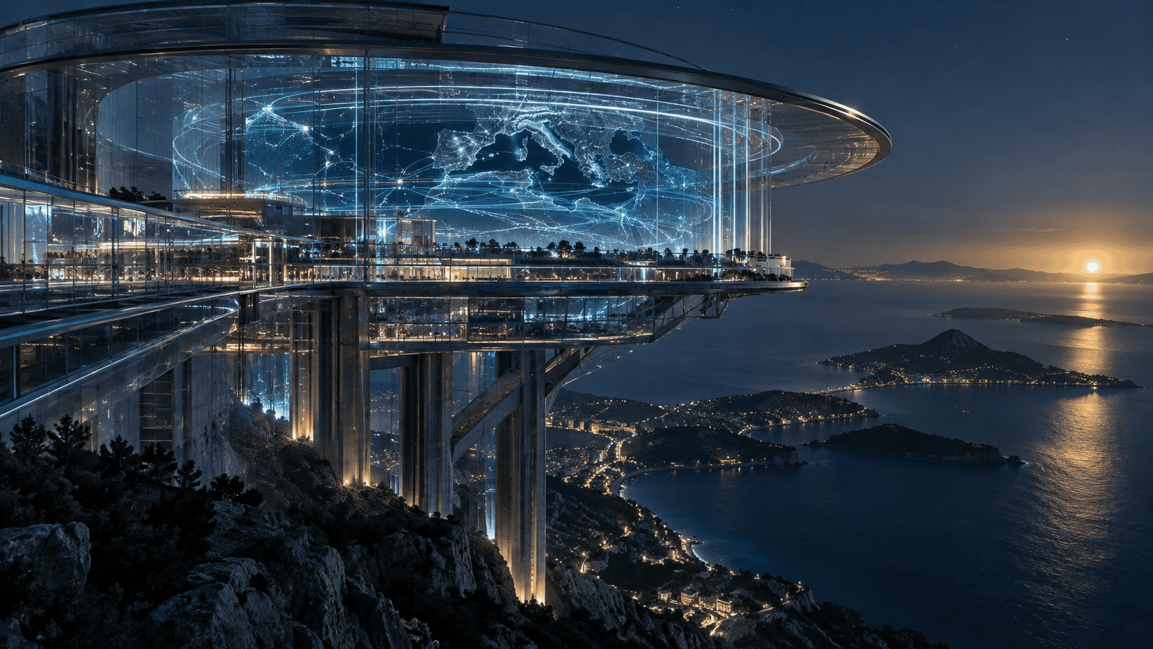 Luminous systems observatory above the Mediterranean at night with translucent architecture and cyan network paths
