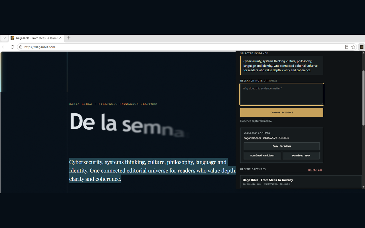 Darja Rihla Evidence Capture browser extension showing source capture, research note and evidence export controls
