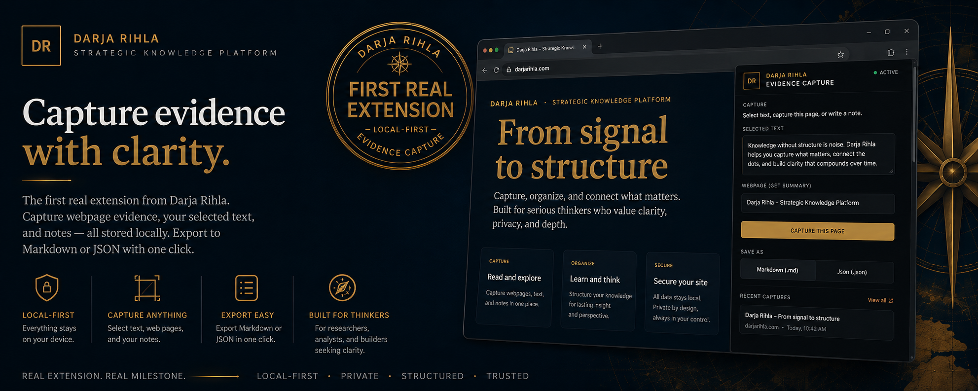 Darja Rihla Evidence Capture release overview showing the real browser extension interface