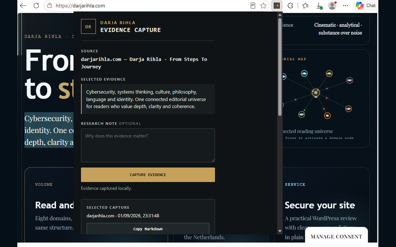Evidence Capture with selected evidence and an optional research note in Microsoft Edge