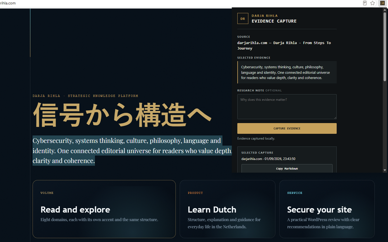 Evidence Capture open beside a webpage, showing selected page text alongside its source