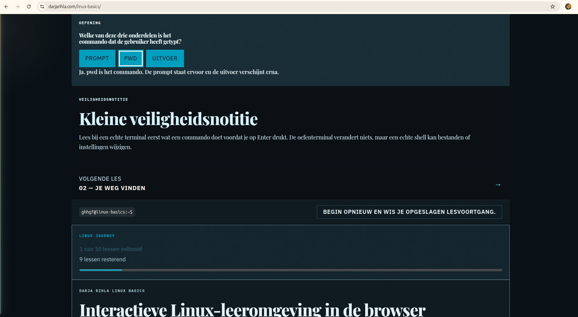 Darja Rihla Linux Basics live interface showing lesson completion feedback and local journey progress