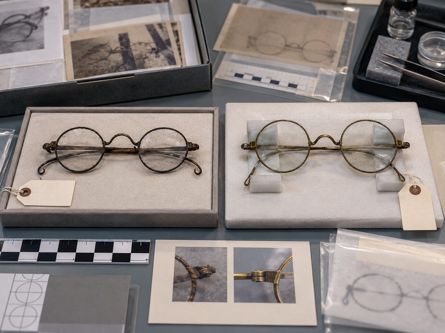 Interpretative editorial illustration of two different pairs of antique eyeglasses arranged for archival comparison.
