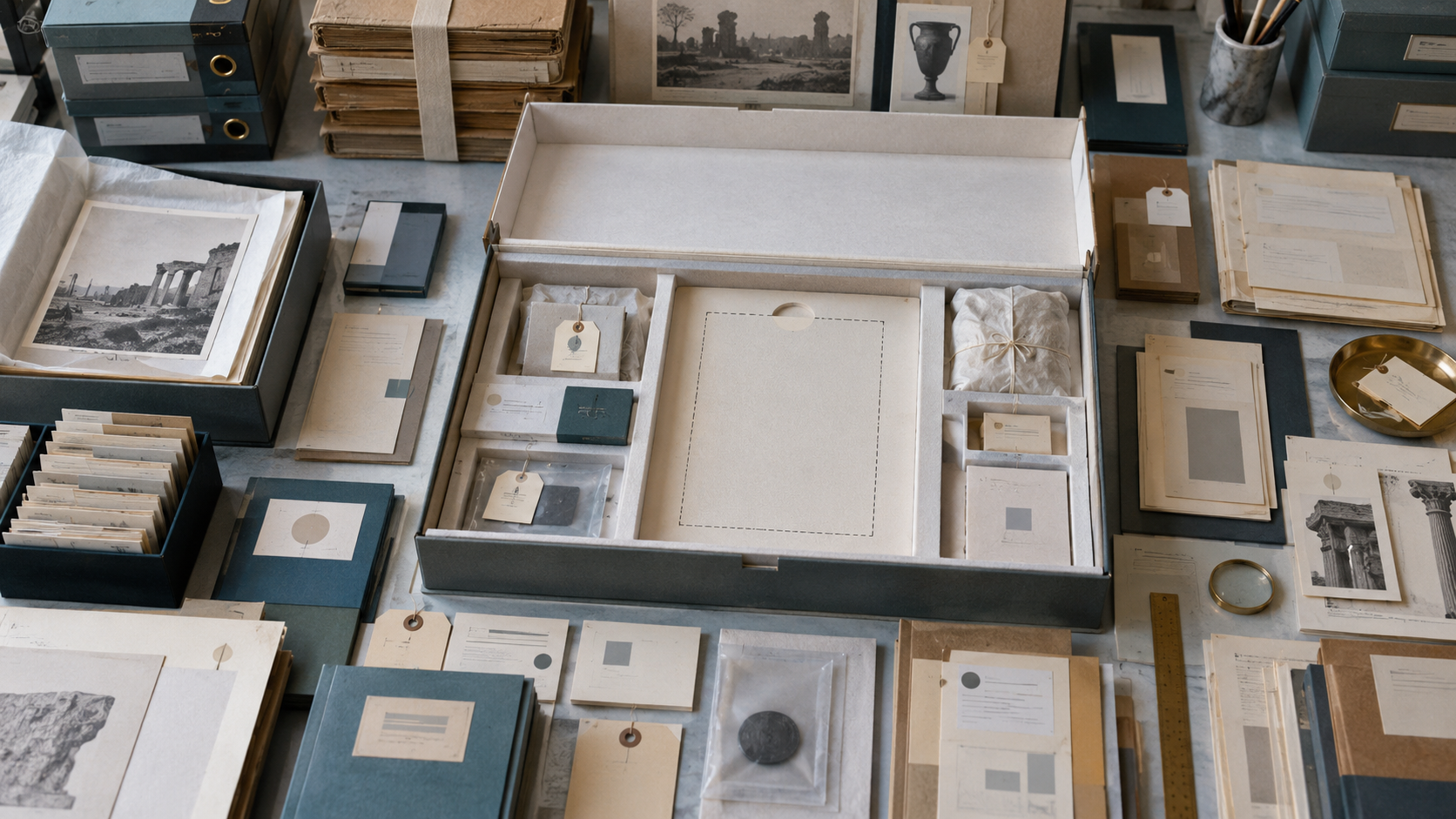 Interpretative editorial illustration of an archive workspace with a deliberately empty object space among files and document boxes.