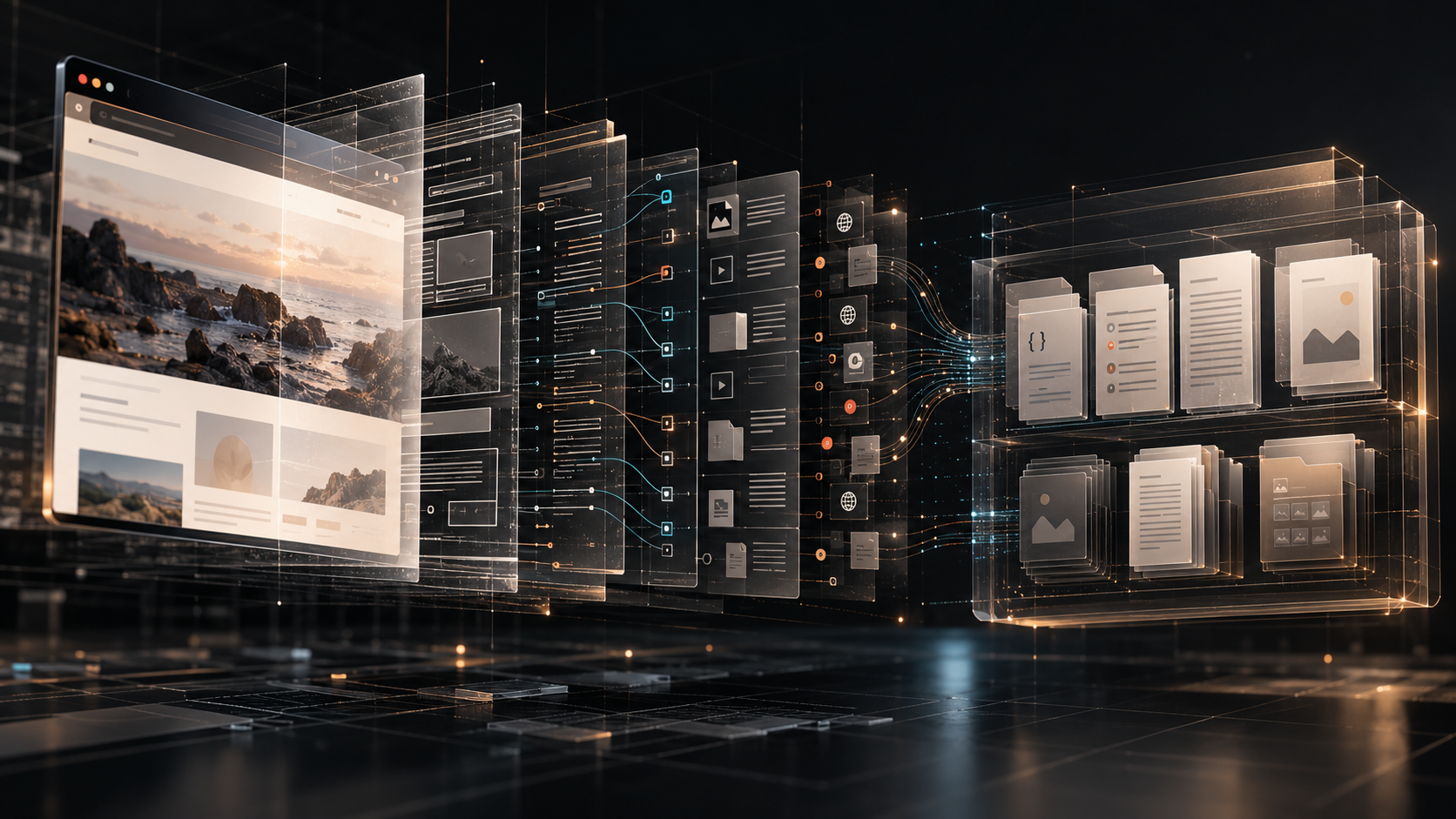 Conceptual illustration of a website being transformed into structured technical evidence