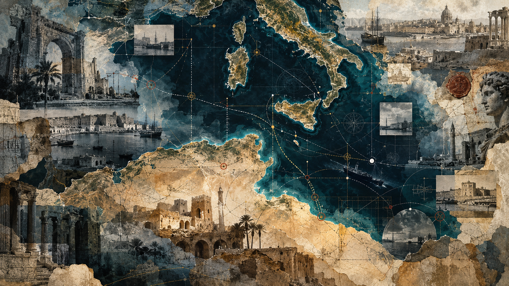 Interpretative editorial collage of the Mediterranean with layered maps, ports, documents and interrupted route lines.