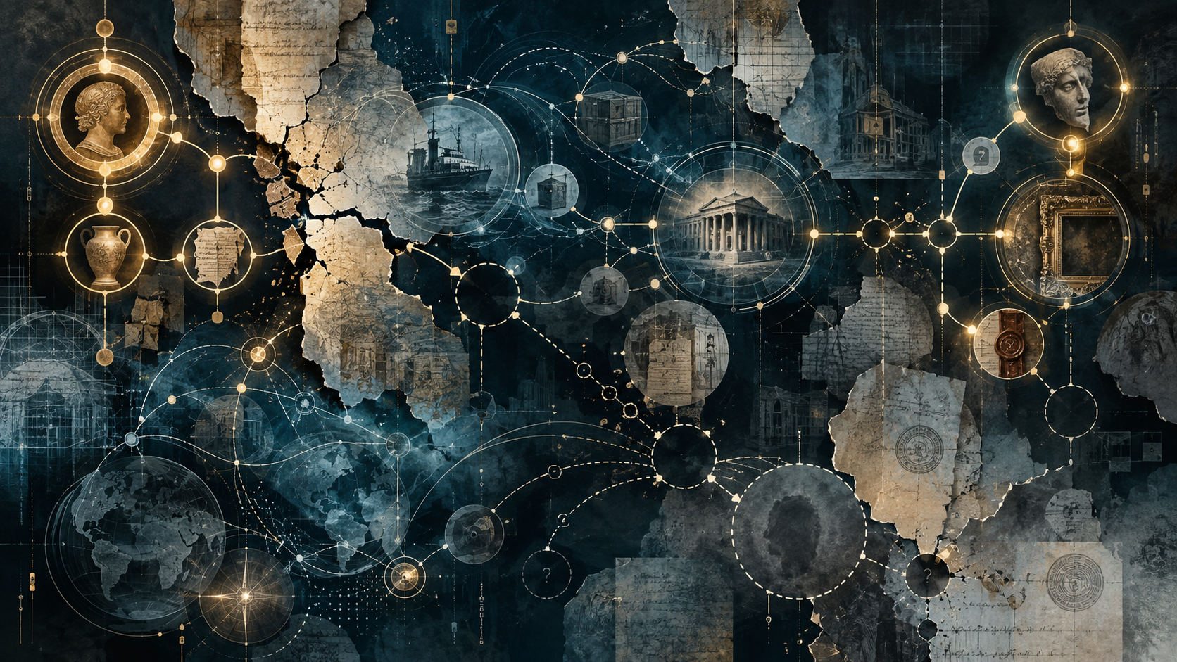 Interpretative editorial illustration of a fragmented network of documents, places and unresolved connection points in blue and gold.