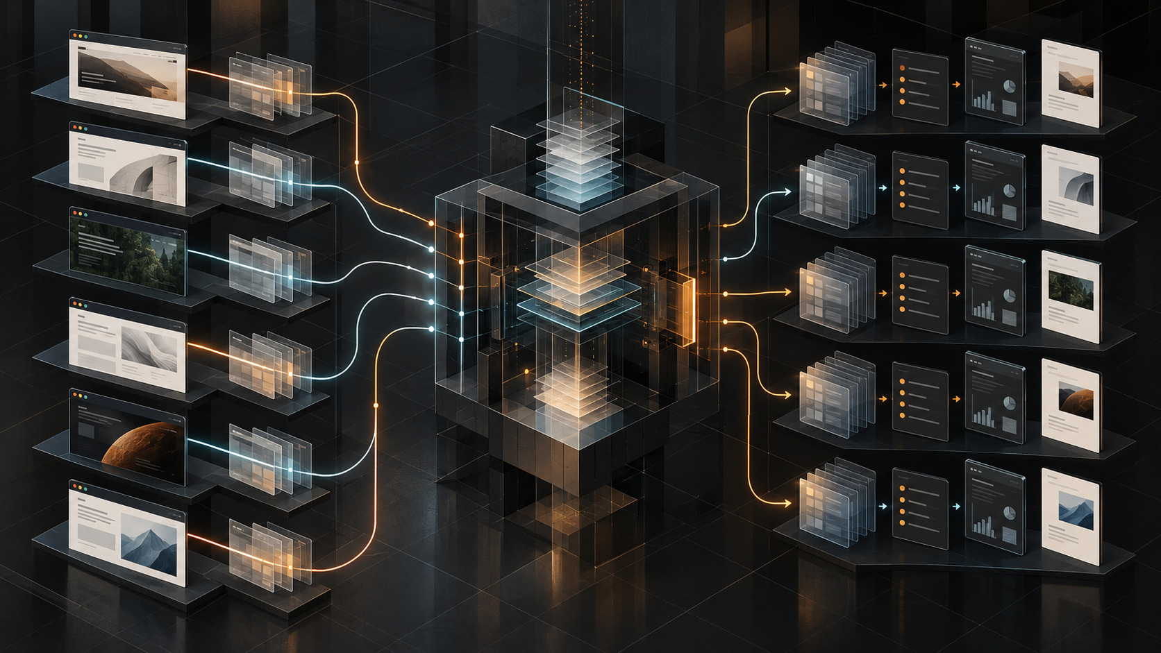 Conceptual visualization of six historical technical runs using the same repeatable evidence process