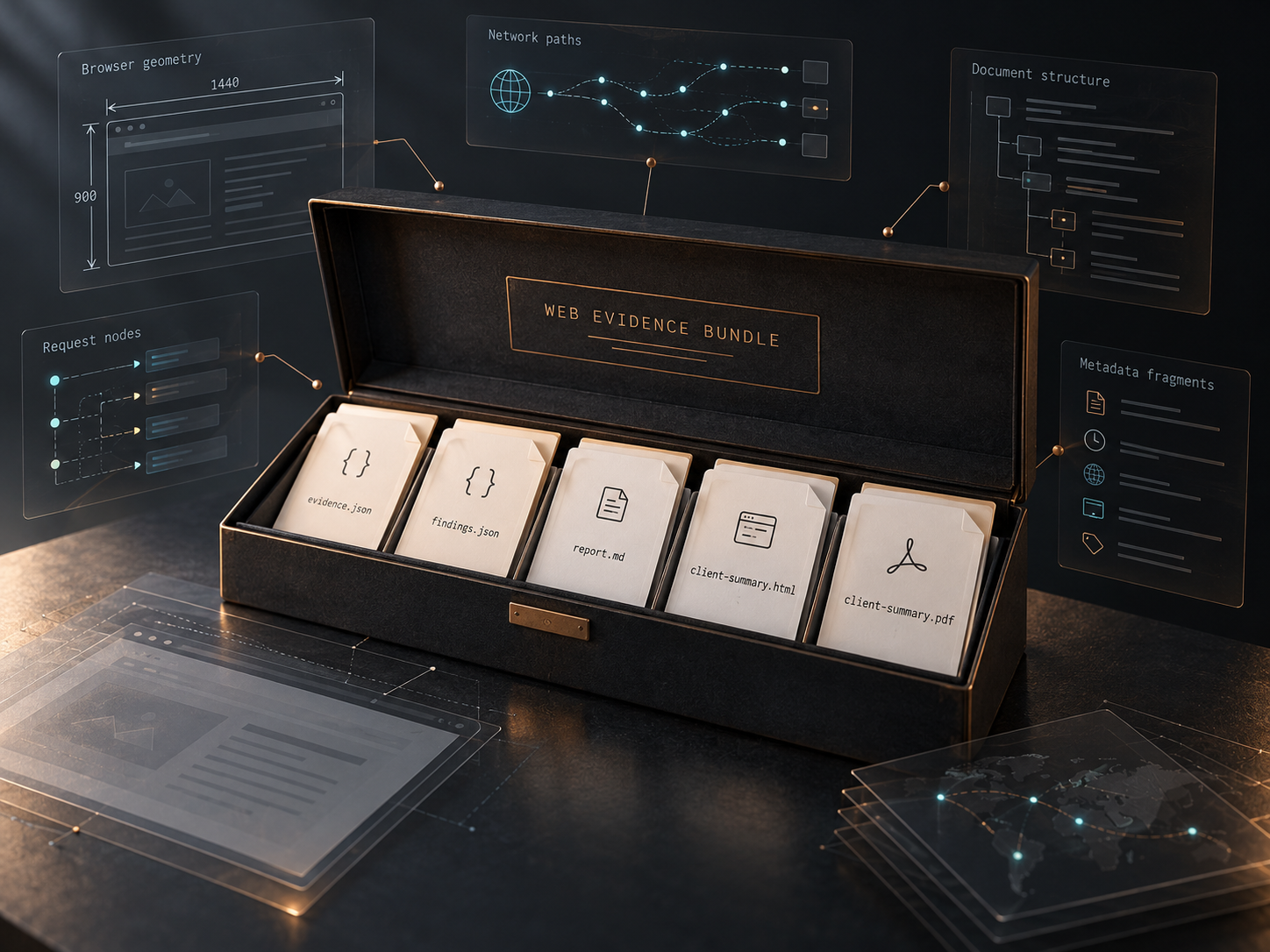 Conceptual visualization of the five artifacts produced in a Web Evidence Inspector evidence bundle