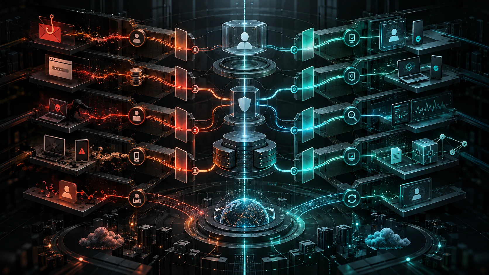Redactioneel diagram waarin aanvallerspaden en verdedigende controles binnen dezelfde trust-architectuur worden vergeleken.