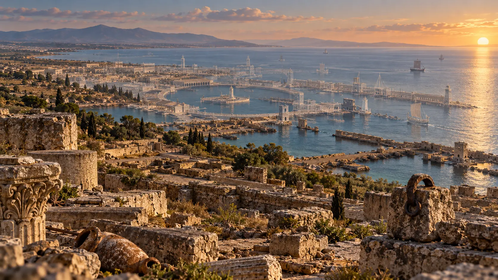 Ancient stone ruins overlooking a harbor landscape with a translucent imagined reconstruction of Carthage and the Gulf of Tunis.