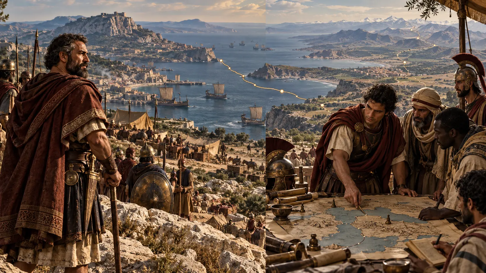 Two imagined scenes of Carthaginian commanders surveying a coastal campaign and discussing military routes and alliances.
