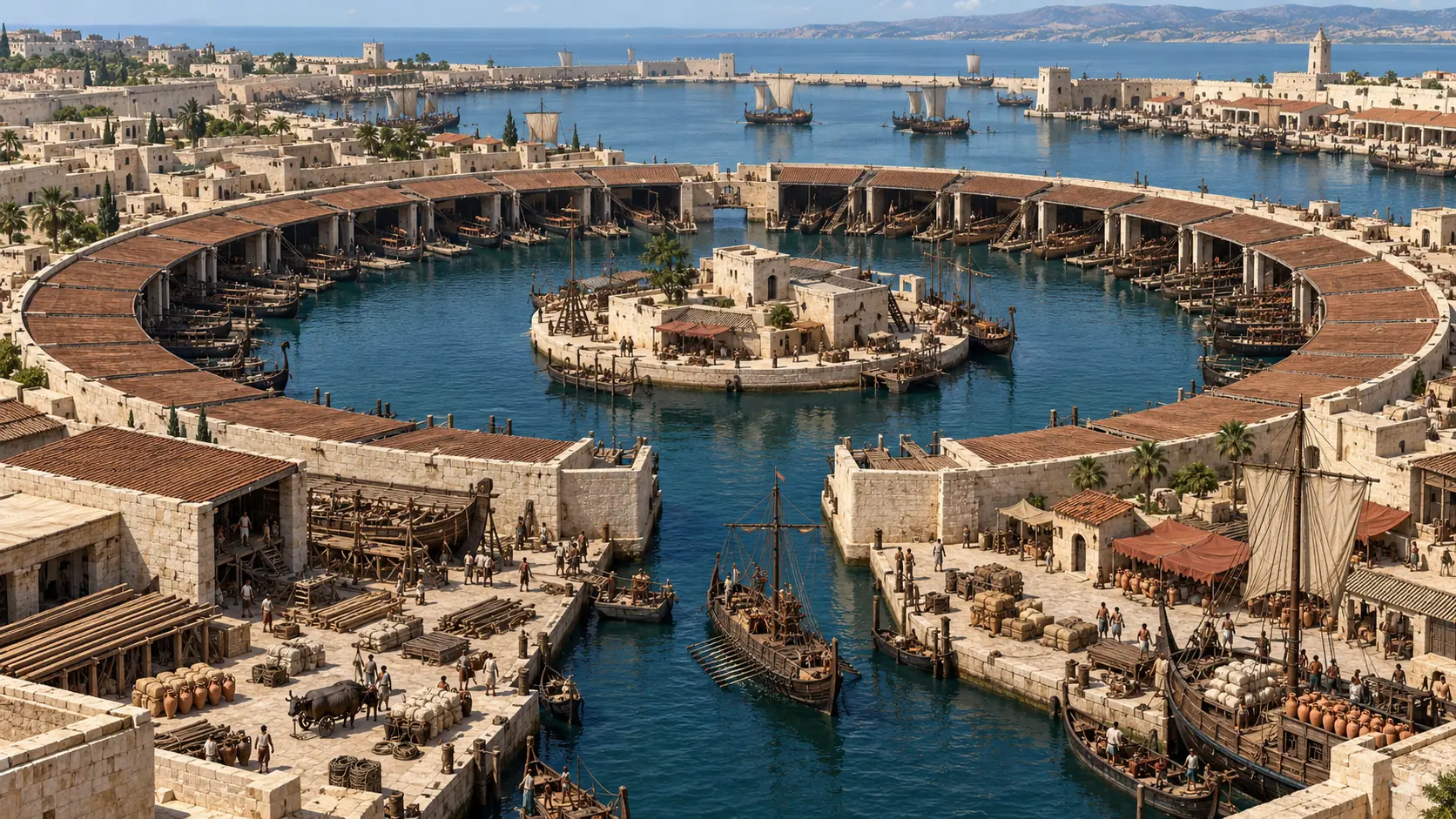 Interpretive reconstruction of the circular Carthaginian naval harbor, ship sheds, central island and dockside cargo activity.