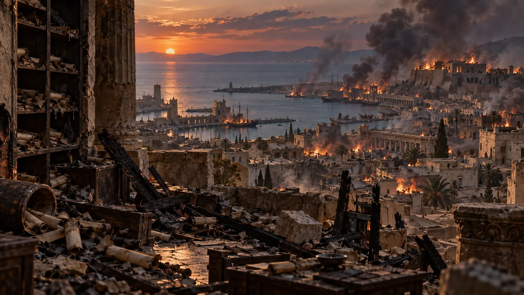Imagined view of Carthage in 146 BCE with smoke above damaged coastal buildings and symbolic scrolls in a ruined interior.