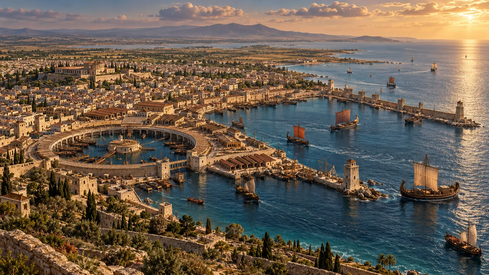 Interpretive aerial reconstruction of ancient Carthage with a commercial harbor, circular naval harbor, ships and Mediterranean coastline.