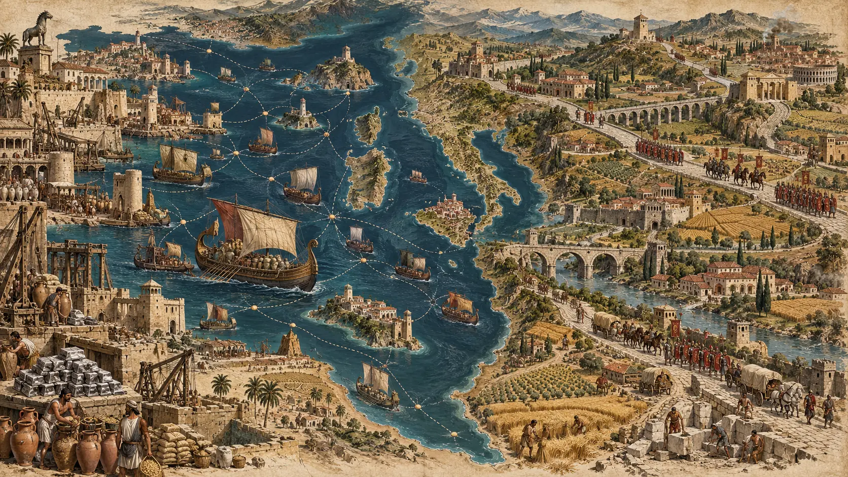 Illustrated comparison of Carthaginian maritime ports and sea routes with Roman roads, towns and inland military infrastructure.