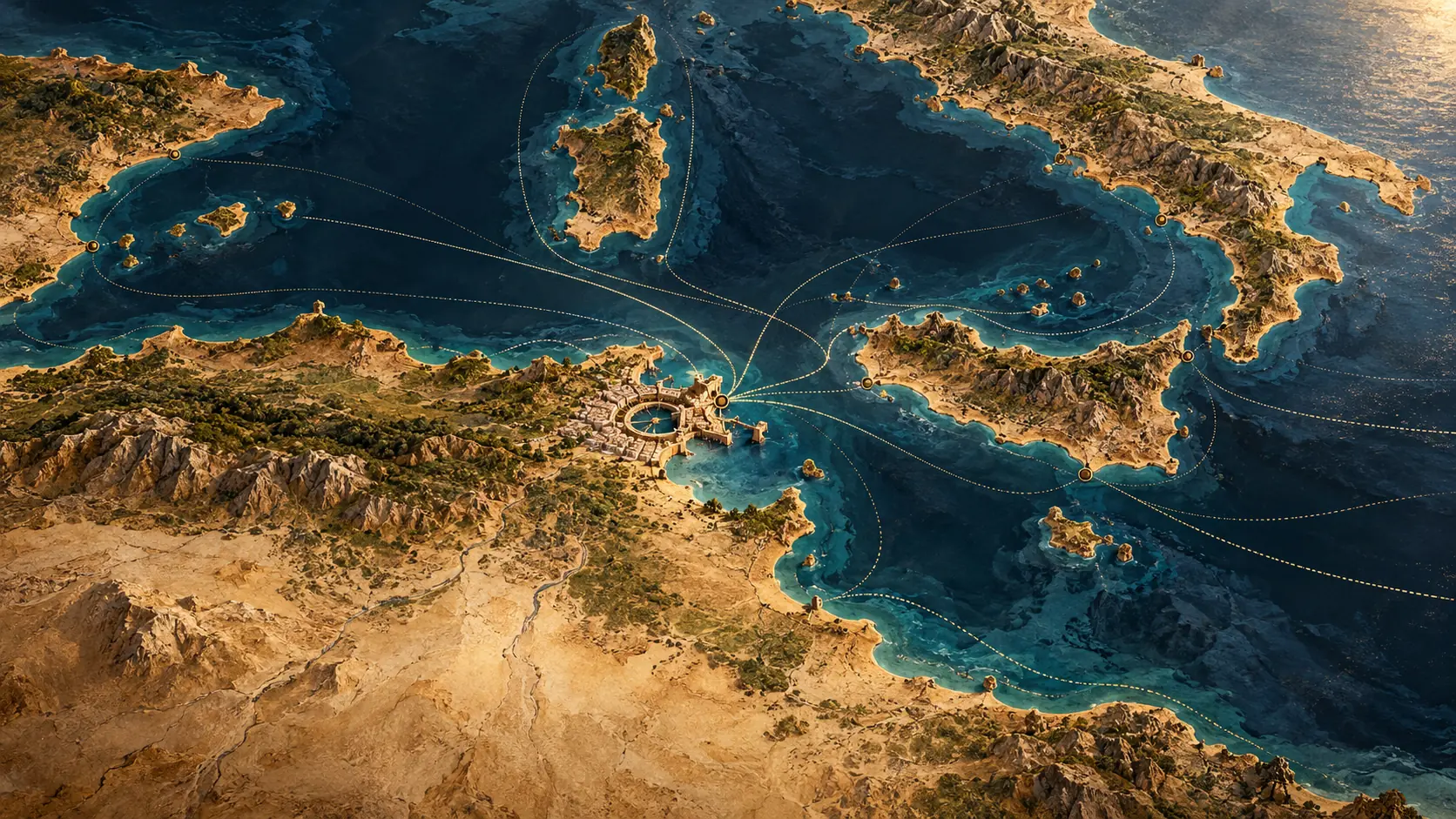 Conceptual terrain illustration of the Tunisian coast, Sicily and schematic central Mediterranean maritime connections.