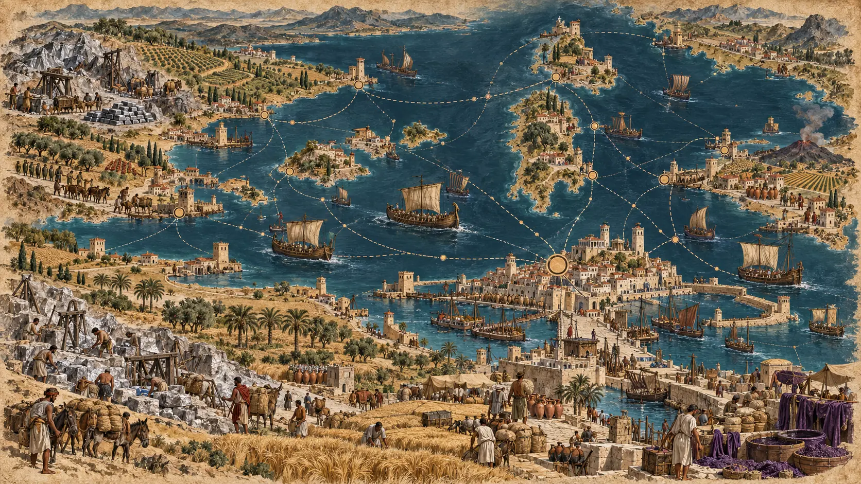 Conceptual illustration of Carthaginian coastal trade nodes around North Africa, Iberia and western Mediterranean islands.