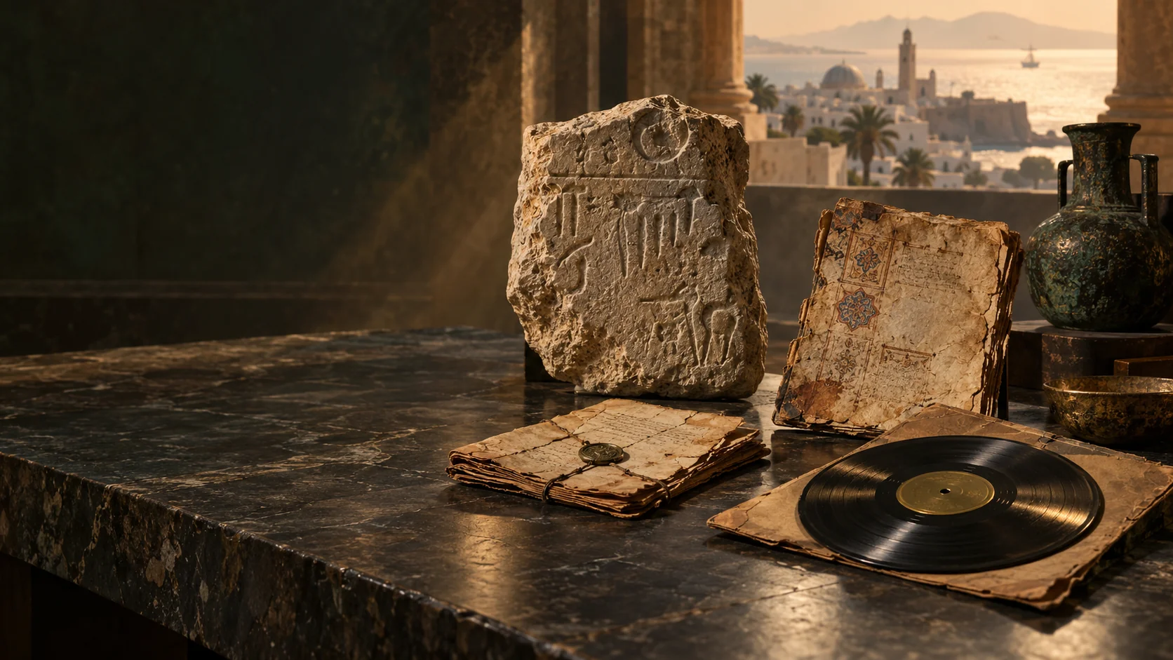 Ancient North African stone inscription, historical manuscripts and a shellac recording disc displayed on a dark museum table.