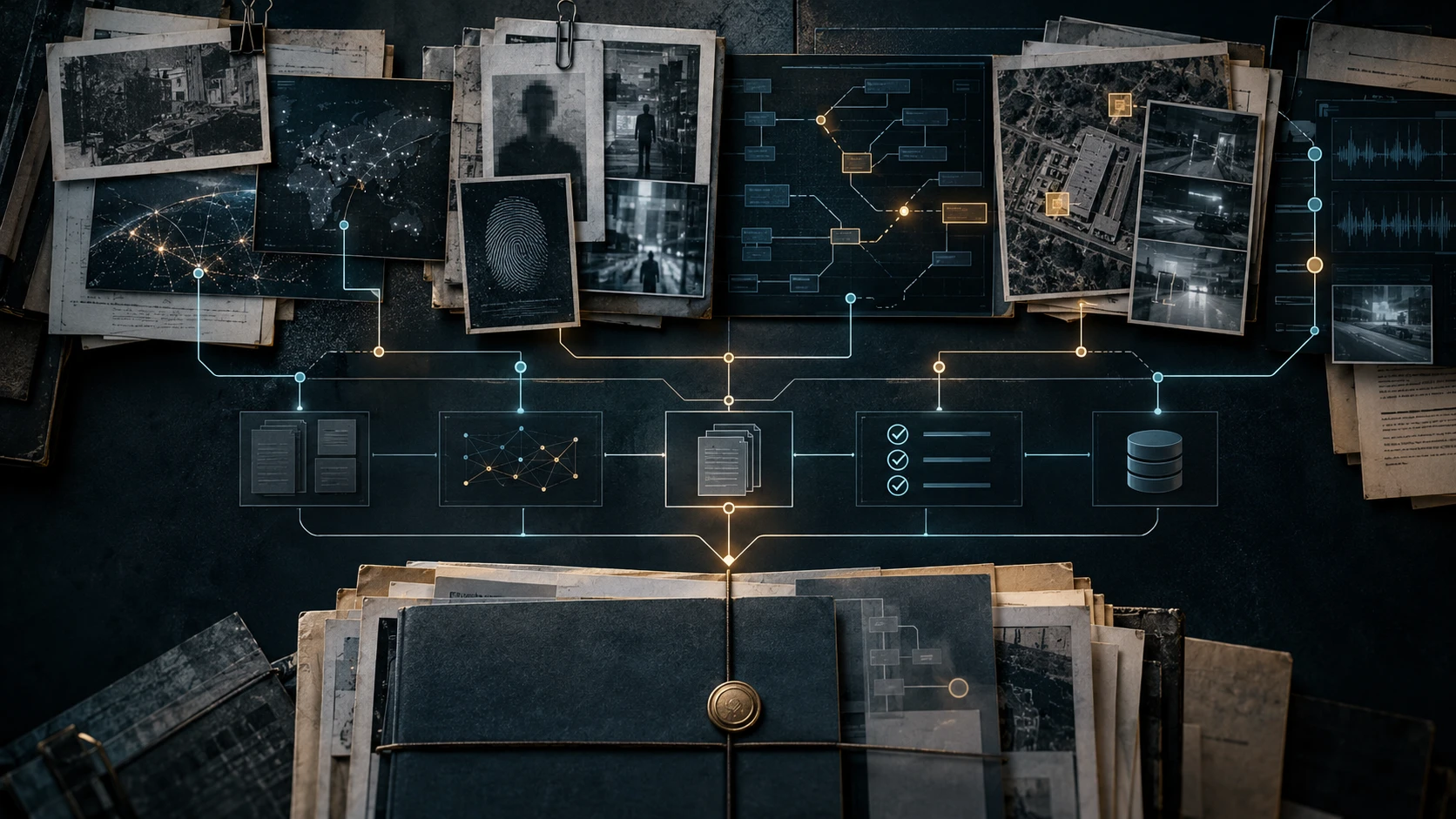 Subtiele editorial visualisatie van een evidence ledger met bronnen, verificatiepaden en geordende onderzoeksstructuur.