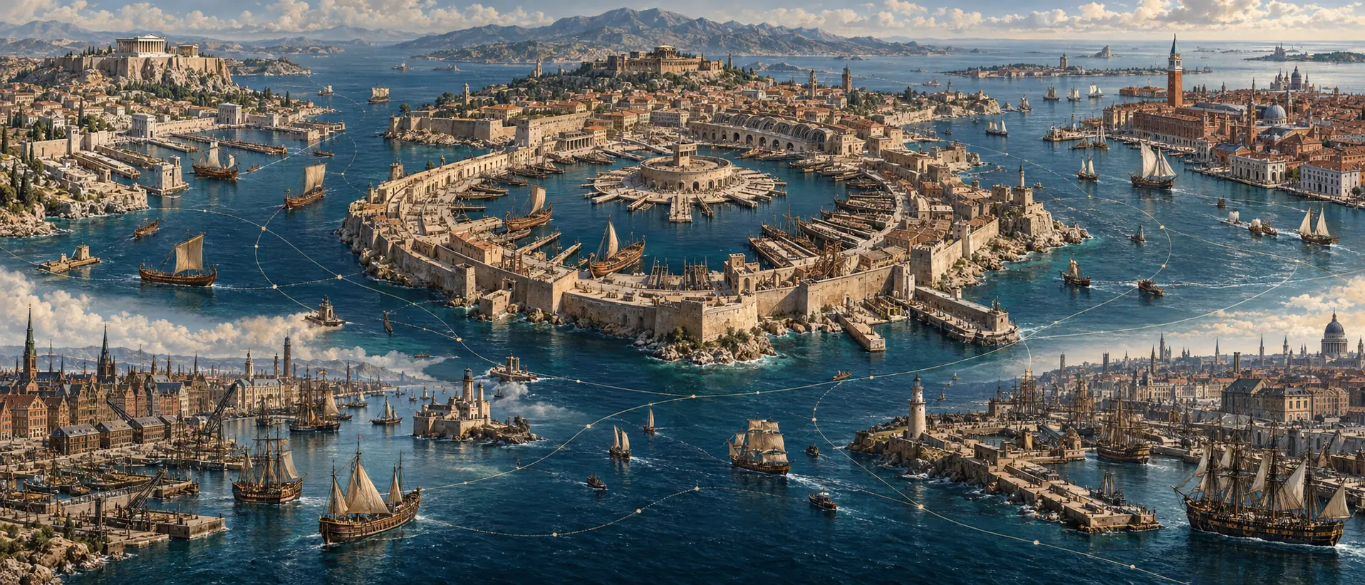 Interpretive panorama combining distinct harbor scenes representing Athens, Carthage, Venice, the Dutch Republic and Britain.