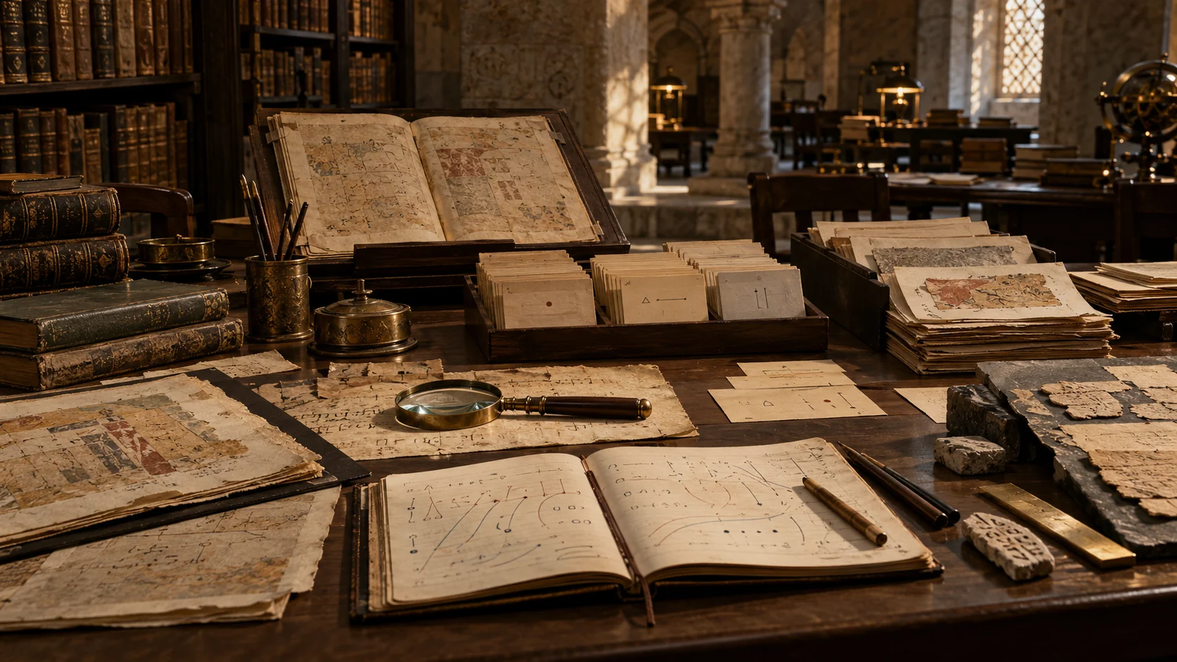 Archival research desk with manuscript facsimiles, catalogue cards, reference books, an open notebook and magnifying glass.