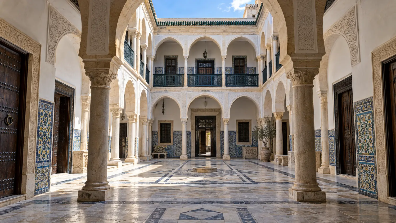 Illustrative Tunisian palace courtyard with limestone arches, ceramic tiles, plaster walls and timber doorways.