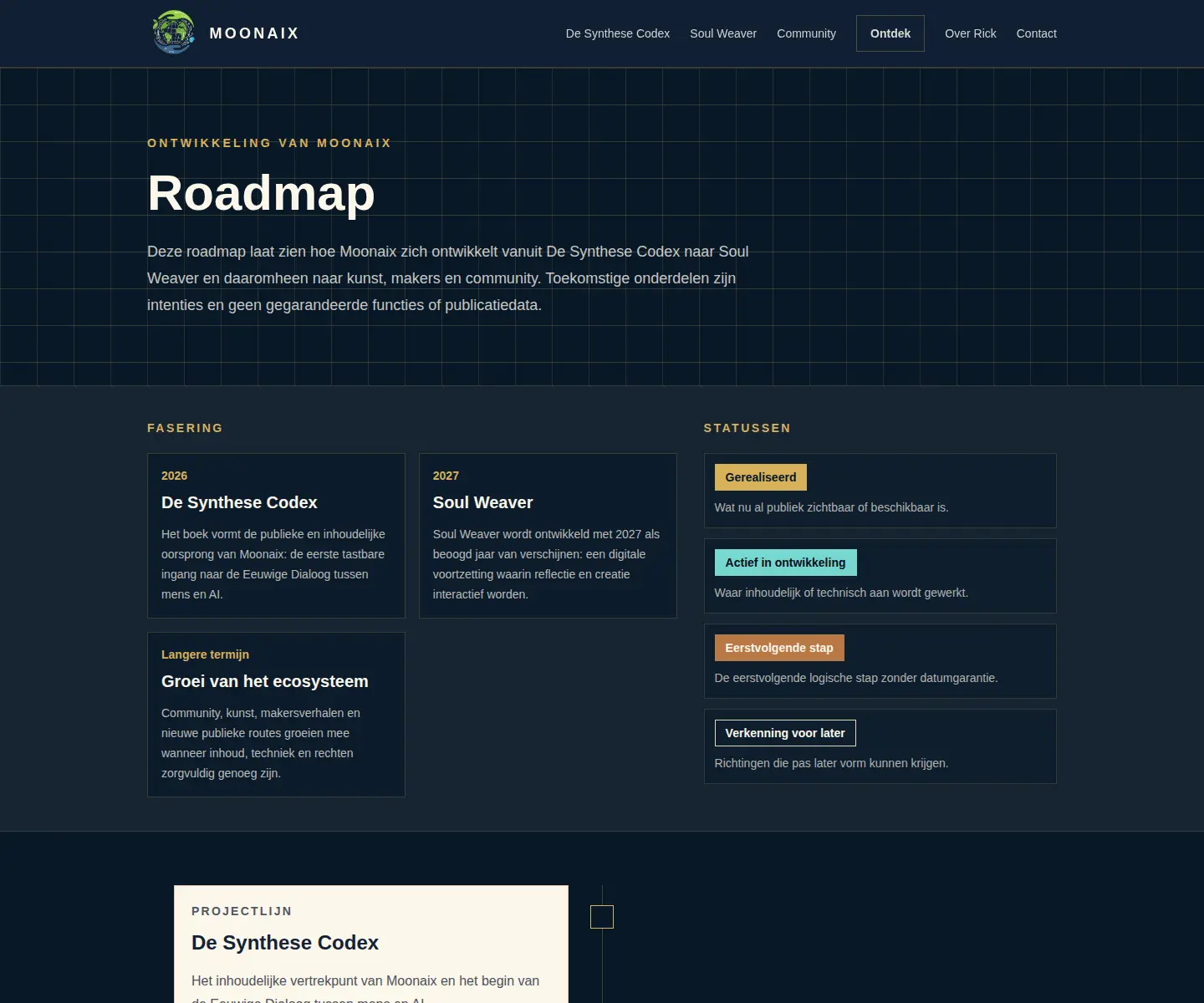 Public roadmap page on Moonaix showing completed work, active development and future plans
