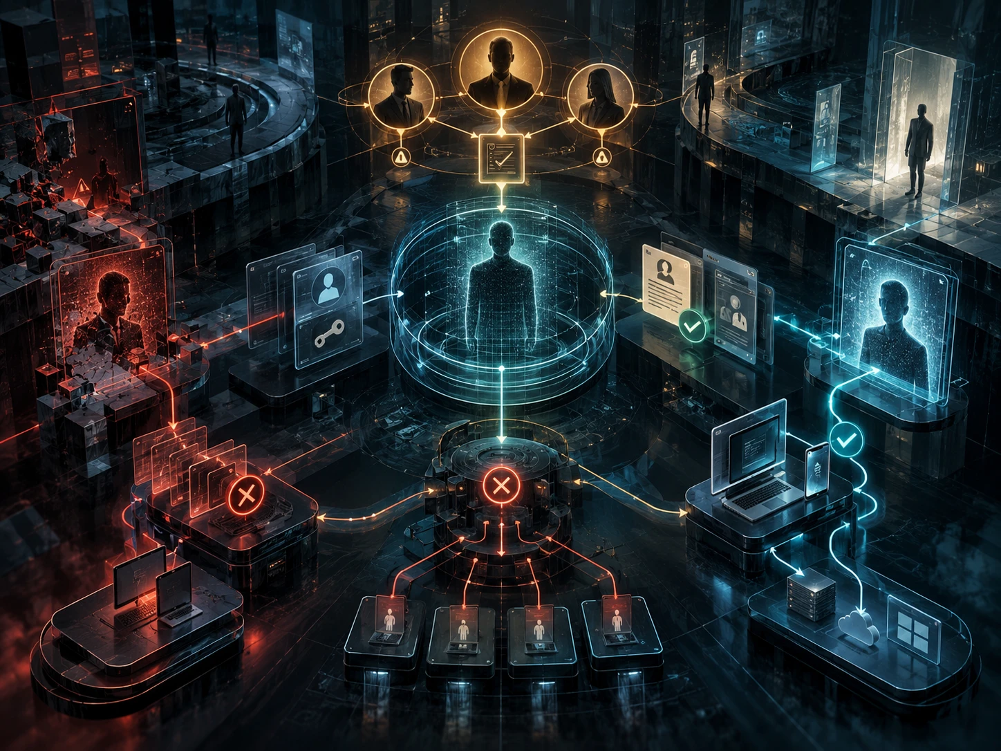 Cybersecurityvisual die account recovery, menselijke goedkeuring en trust-herstel toont als onderdeel van access control.