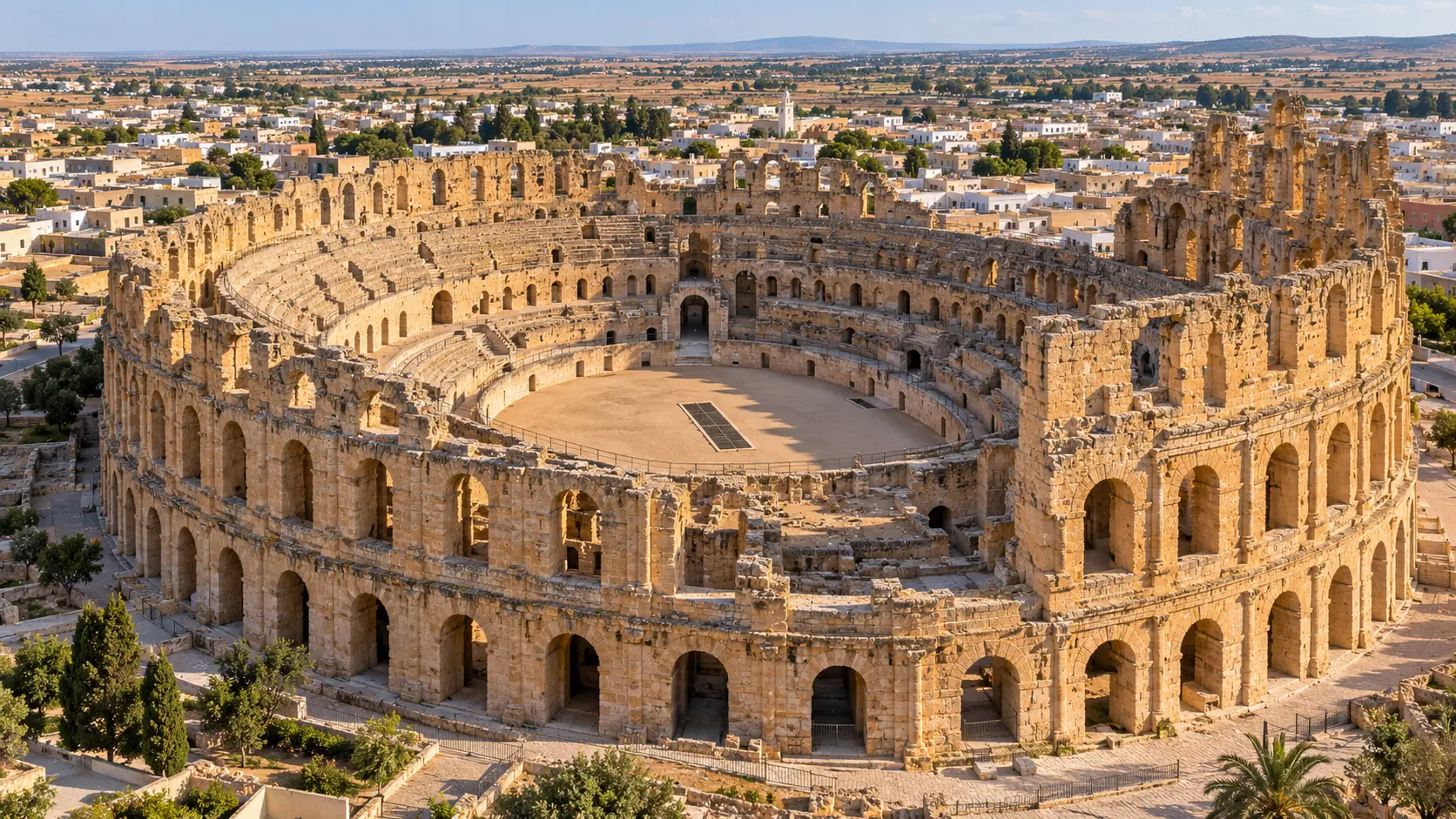 Architectural illustration of the Roman amphitheatre at El Jem, showing its elliptical arena and surviving limestone arcades.