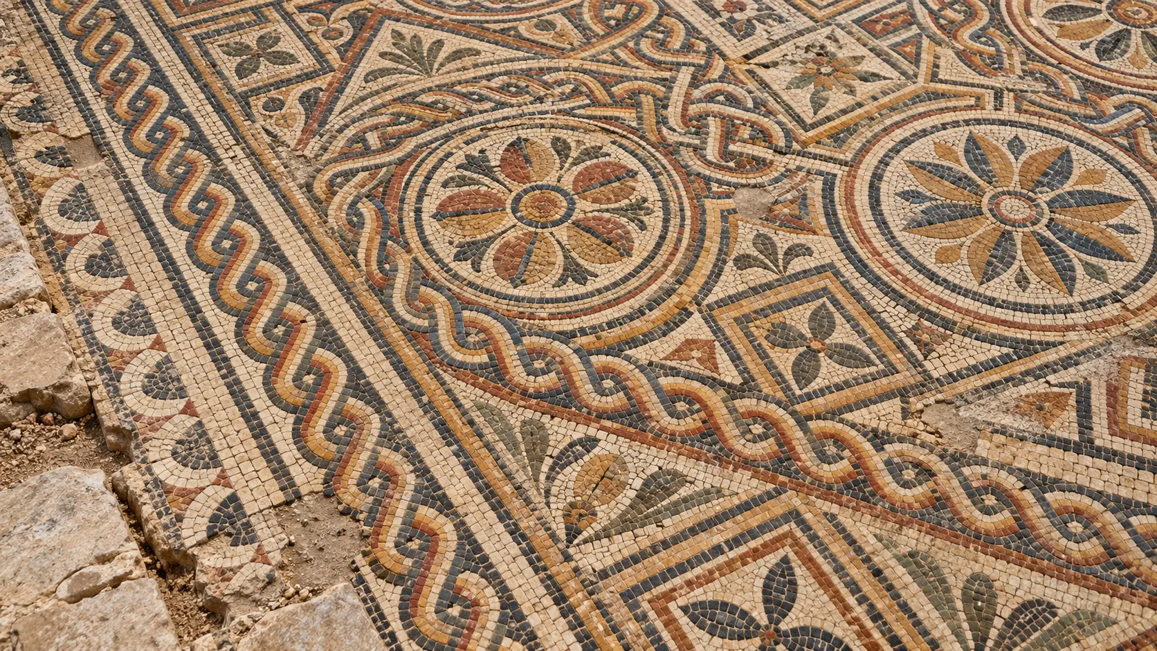 Detailed illustration of a Roman North African floor mosaic with geometric patterns, rosettes and individual stone tesserae.