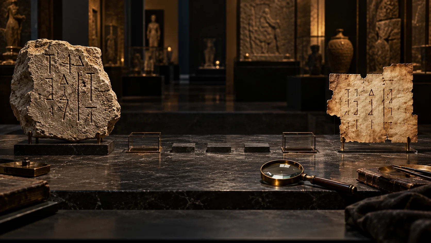 Ancient inscribed stone fragment and much later manuscript displayed apart, with empty archival evidence holders between them.