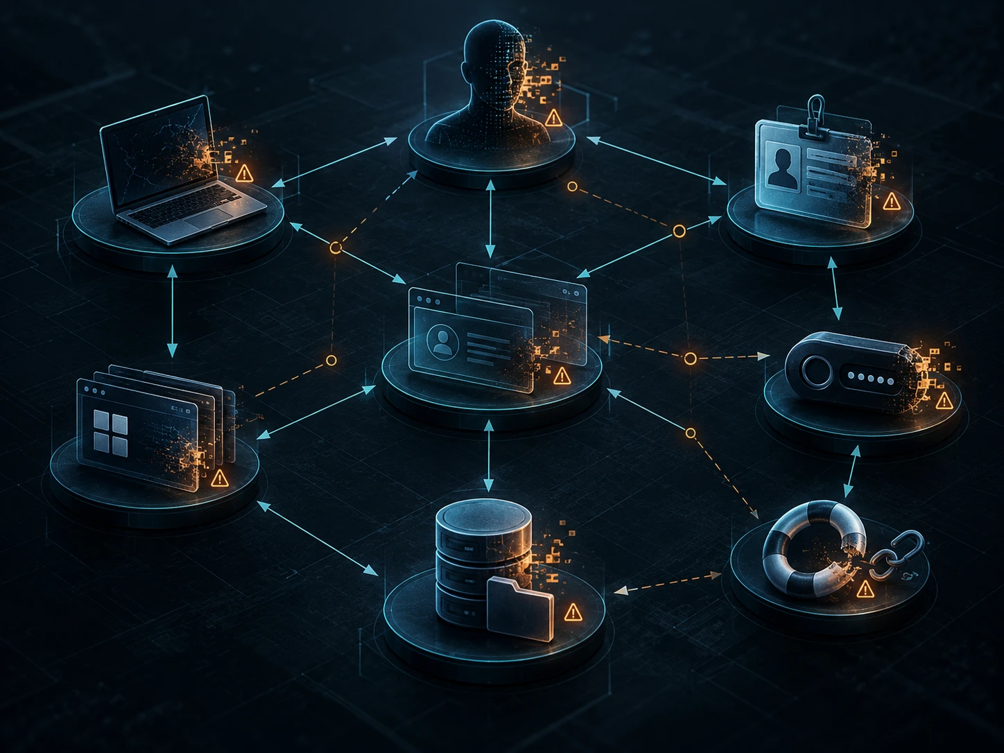 Systeemkaart van trust objecten zoals gebruiker, device, credential, token, sessie, applicatie en resource binnen moderne toegangscontrole.