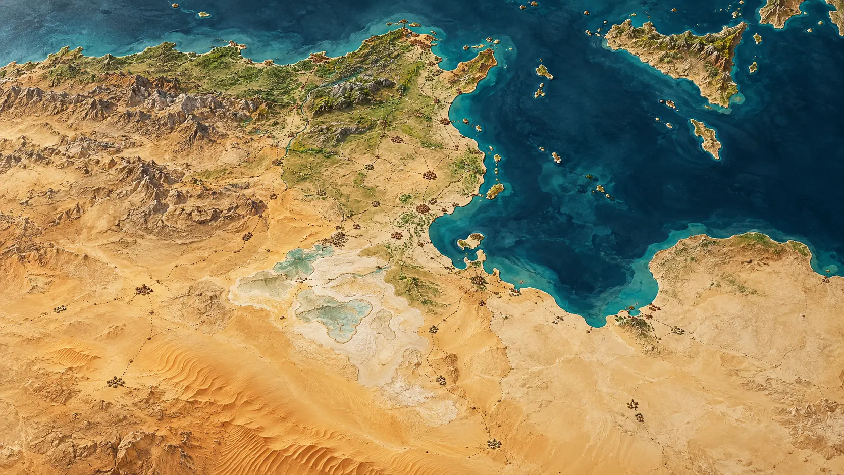 Illustrated topographic overview of Tunisia showing Mediterranean coastlines, mountains, inland plains and desert.