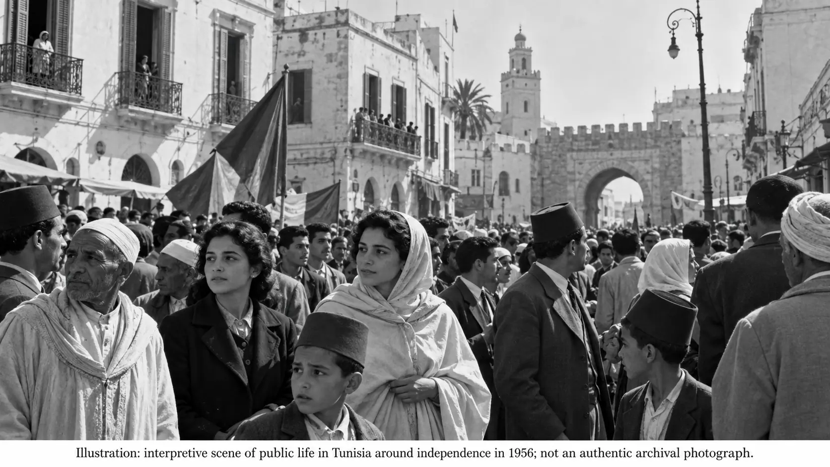 Black-and-white historical illustration of a public gathering in a Tunisian city during the mid-twentieth century.