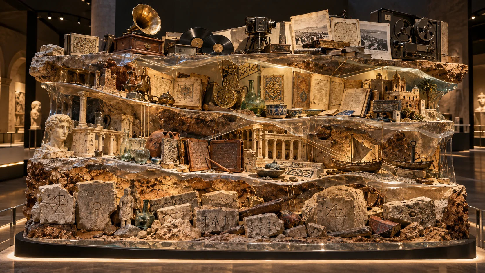 Museum-style archaeological cross-section of overlapping inscriptions, manuscripts and historical sound-recording objects.