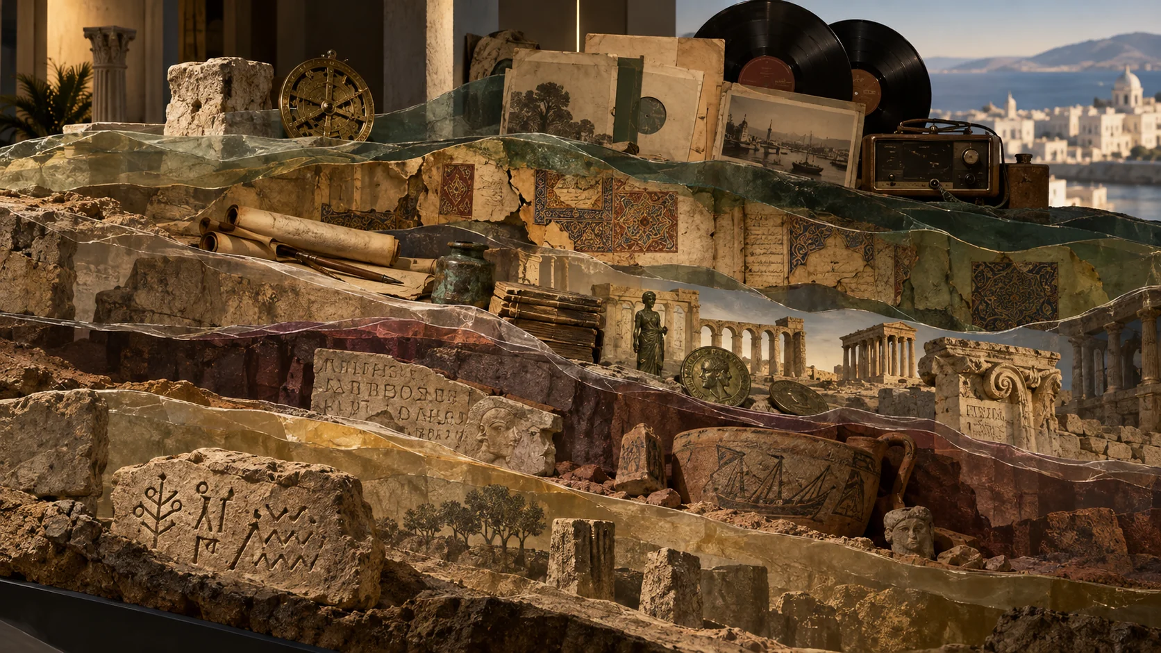 Layered archaeological museum diorama with carved stone, classical objects, manuscripts and archival recording media.
