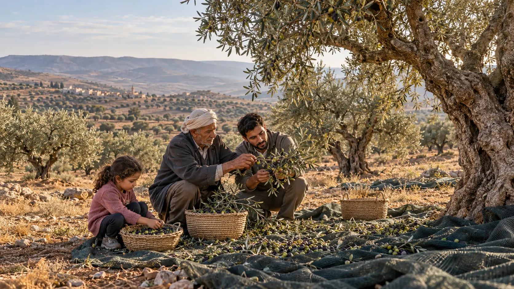 Three generations of a Tunisian family harvesting olives together in a rural grove.