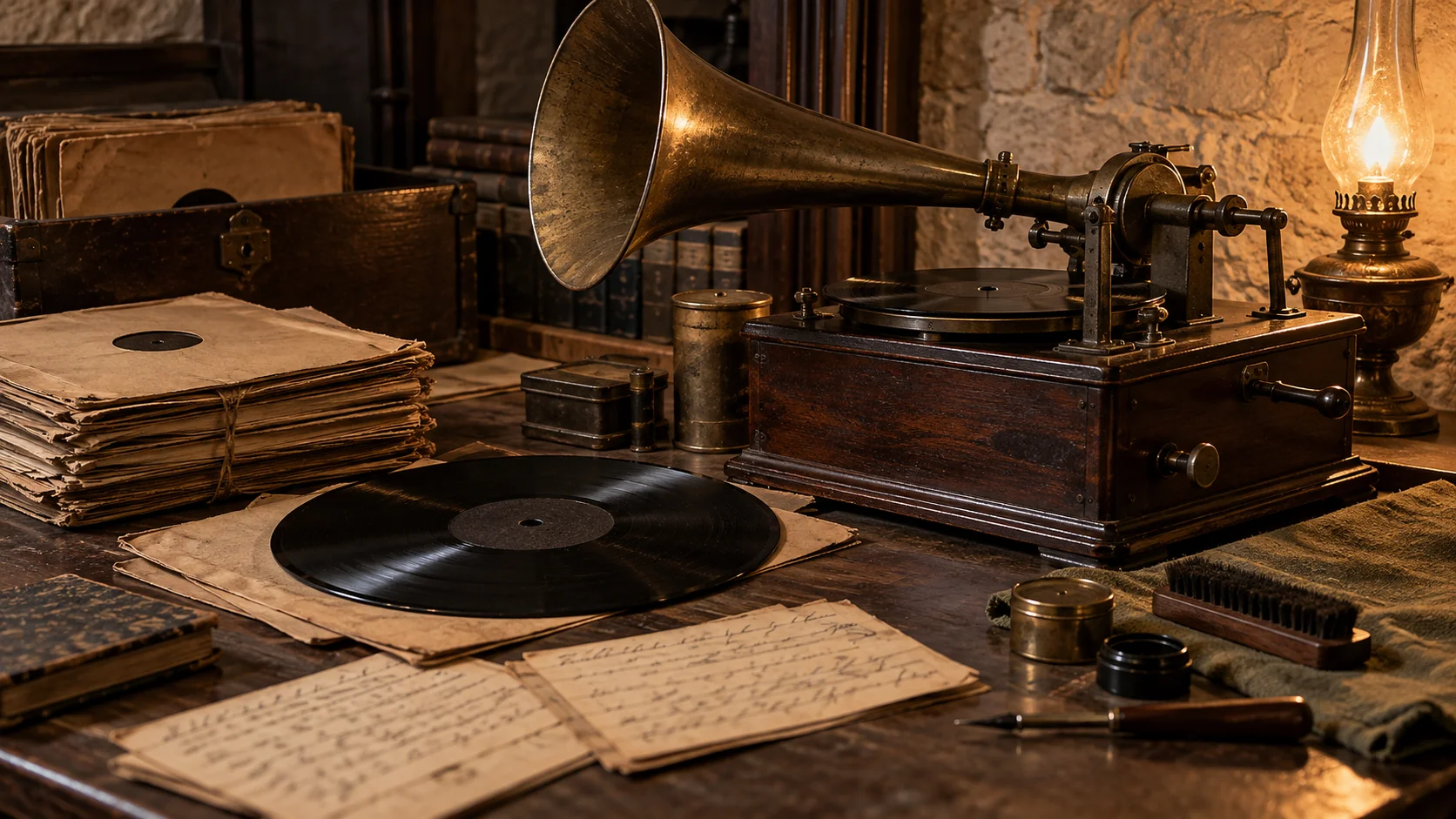 Antique acoustic recording apparatus, shellac discs and archival papers on a historical research table.